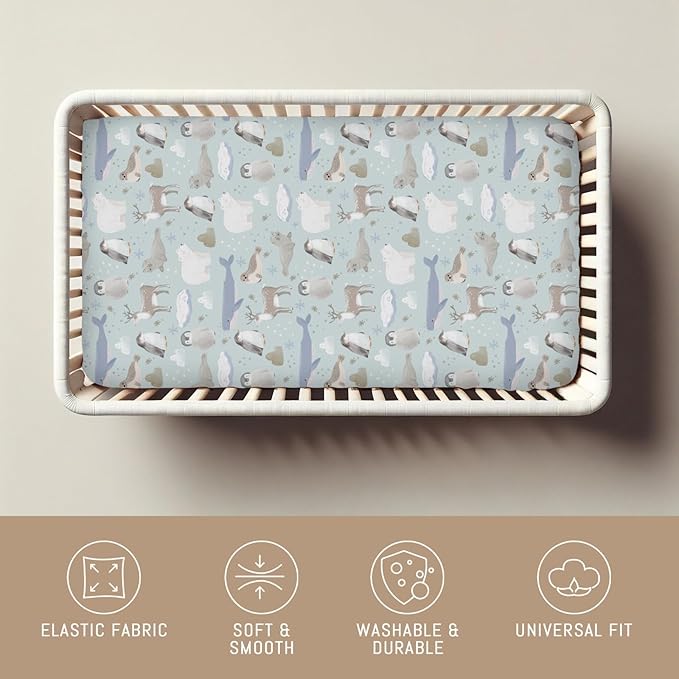 Cute Frosty Arctic Animals Baby Crib Sheets for Boy Girl Bear Penguins Deer Whale Snowflakes Soft Snug Fitted Crib Mattress Covers for 52x28 Standard Crib & Toddler Mattress Snowy Winter Baby Sheets
