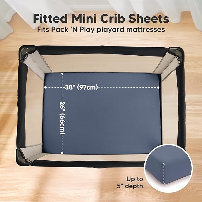 2 Pack and Play Sheets, Waterproof Mini Crib Sheets Fitted - 38x26 Organic Cotton Pack N Play Sheets for Graco Pack and Play Mattress, Playard Baby Crib Sheets, Neutral for Boy, Girl,Toddler(Maritime)