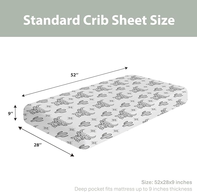 Boho Western Cow Cactus Baby Crib Sheets for Boy Girl 52x28Inch Black and White Highland Yak Soft Stretchy Fitted Crib Mattress Cover Wild West Animal Baby Sheet for Crib and Toddler Bed Mattresses