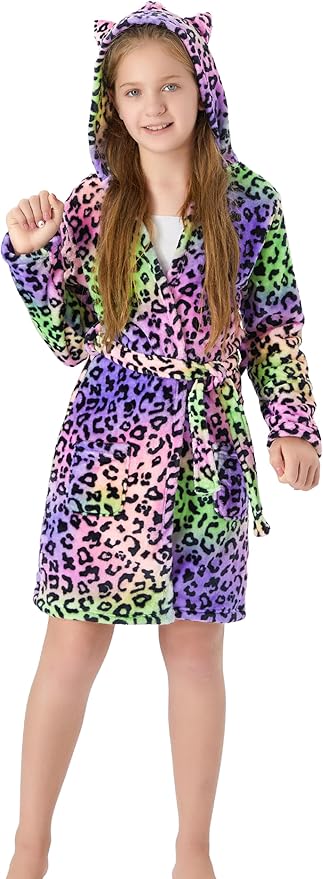Topgal Leopard Cat Robe for Girls Fleece Toddler Kids Teen Hooded Bathrobe Size 4T-18