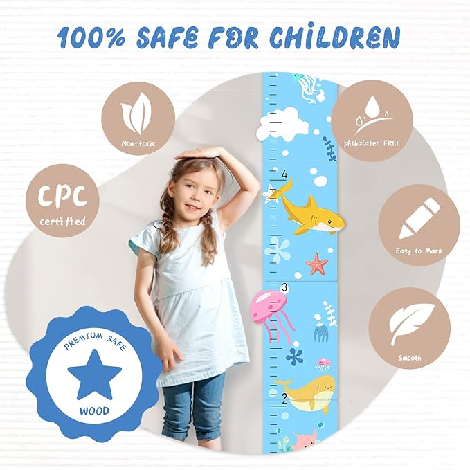 Woodemon Personalized Name Growth Chart, Marine Animals Wooden Growth Chart for Kids, Height Chart for Boys Girls, Measuring Board for Kids Height for Child's Room, Nursery Decor Decoration