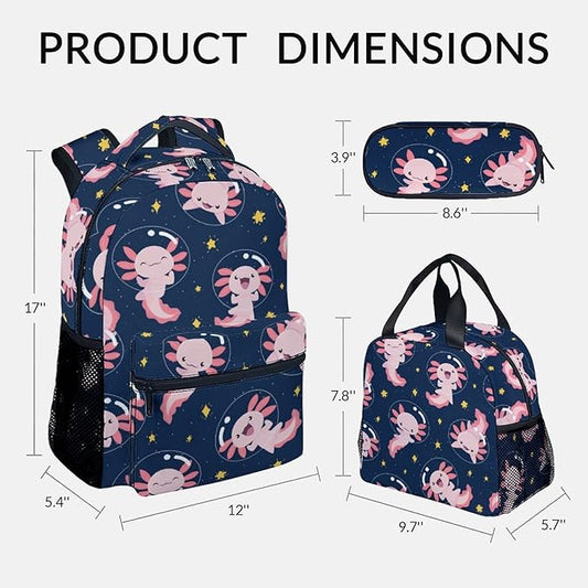 COZYAURA Kids Backpack for Girls - Large Capacity School Bags with Lunch Bag Pencil Pouch Set - Cute Axolotl Bookbag for Elementary Middle School & Travel - Kid School Supplies