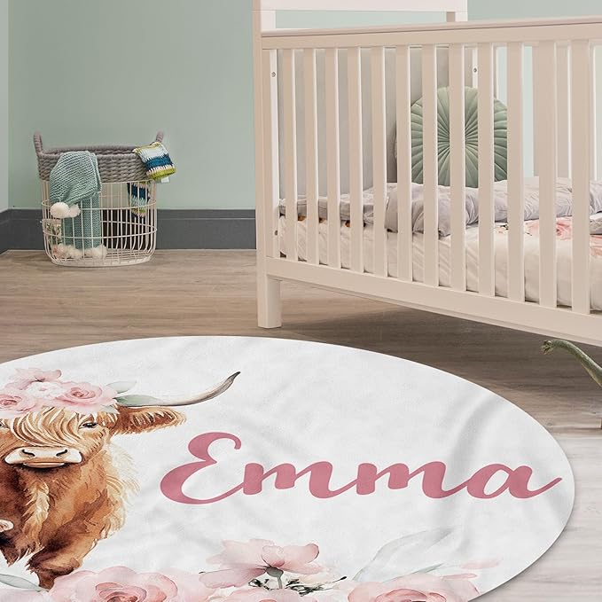 Custom Baby Crib Bedding Set,Personalized Name Pink Highland Cow Pattern Nursery Bed Set 4 Piece,Baby Blanket Fitted Sheet Nursery Rug Wall Art Set,Custom Room Decor Idea Gift for Newborns Boys Girls