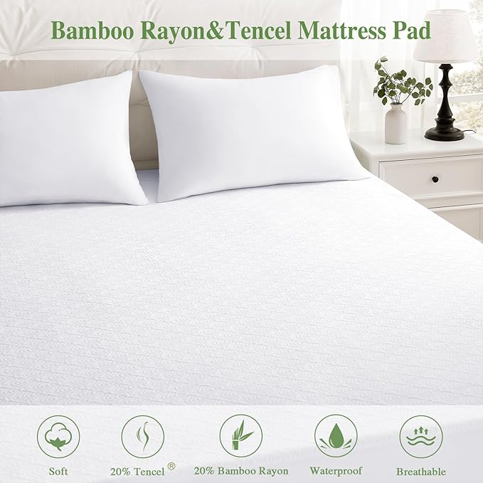 Full Size Mattress Protector, Waterproof Mattress Pad Washable Rayon Mattress Cover Breathable Noiseless Bed Protector 3D Patterns 5" - 21'' Elastic Fitted Deep Pocket(White)