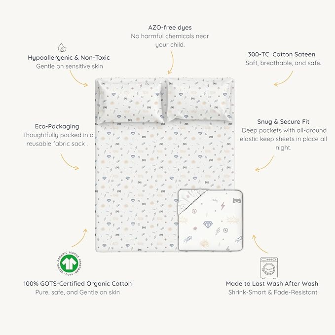 MakeMake Organics Organic Full Fitted Sheet Set GOTS Certified Organic Cotton Fitted Sheet with 2 Pillowcase Ultra Soft Non Toxic Breathable Hypoallergenic Colorful Superheros(Full, Mighty Heros)