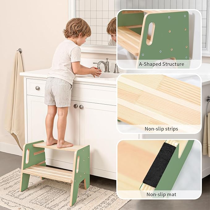 Wingyz Toddler Step Stool,Height-Adjustable Wooden Step stools for Kids with Handles,2 Stepstool for Toddlers,Bathroom Sink, Kitchen, Bedroom,Potty Training