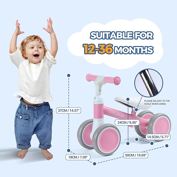 COOLBEBE Baby Balance Bike for 1 Year Old Boys Girls Gift, 2 Year Old Toddler Balance Bike with 4 Silent Wheels, One Year Old Birthday Gift Children for 12M-36M Pre-School