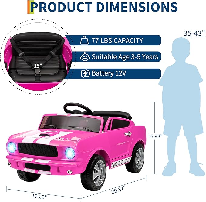 12V Ride on Car for Kids, Licensed Shelby GT350 Electric Toy with Parent Remote Control, 3 Speeds, LED Headlights, Music & Safety Belt for Toddlers