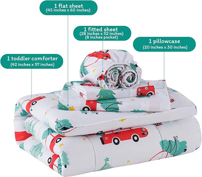 JSD Red Cars Christmas Tree Toddler Bedding Set, 4 Piece Bed-in-Bag Comforter Sheet Set, Machine Washabale Comfortable