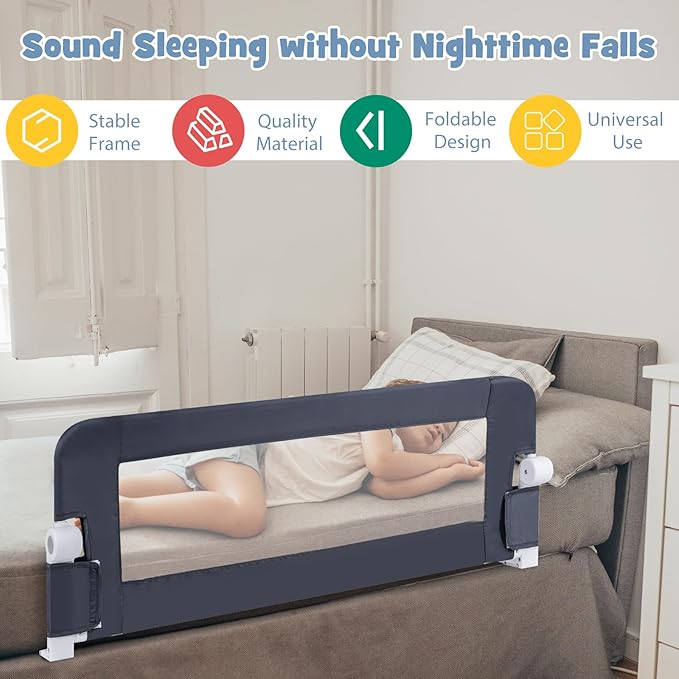 BABY JOY Double Sided Bed Rail Guard, 2 Pack, Extra Long, Swing Down for Convertible Crib, Folding Baby Safety Bedrail for Kids Twin Full Size Queen King Mattress, Rails for Toddlers (Dark Gray, 48")
