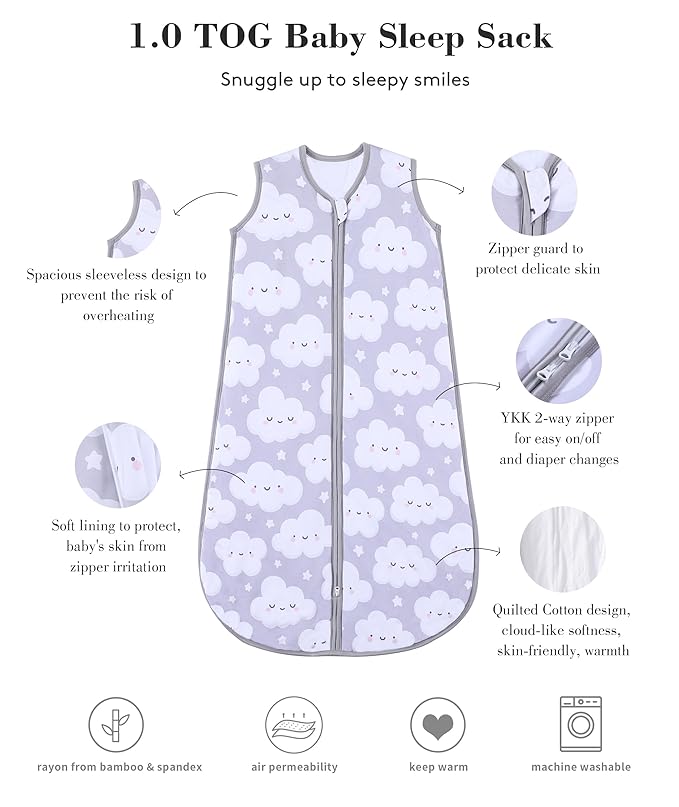 Baby Sleep Sack 2-4 T 95% Rayon from Bamboo 5% Spandex Boys & Girls Wearable Blanket 1.0 TOG Toddler Sleeping Sack 2- Way Zipper X-Large Cloud