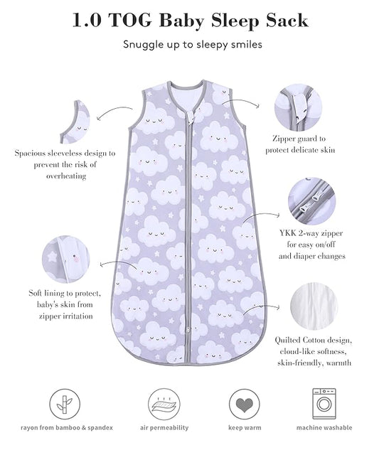 Baby Sleep Sack 2-4 T 95% Rayon from Bamboo 5% Spandex Boys & Girls Wearable Blanket 1.0 TOG Toddler Sleeping Sack 2- Way Zipper X-Large Cloud
