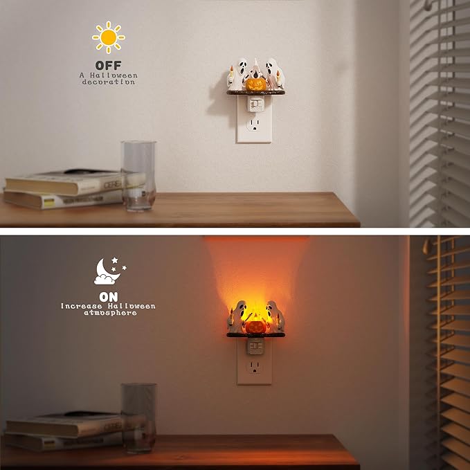Halloween Night Light,Amber Night Lights Plug into Wall,Cute & Funny Flaming Jumping Night Light,Plug in Ghost & Pumpkin Nightlight with 360° Rotatable for Kids Halloween Party Decor, 2 Pack