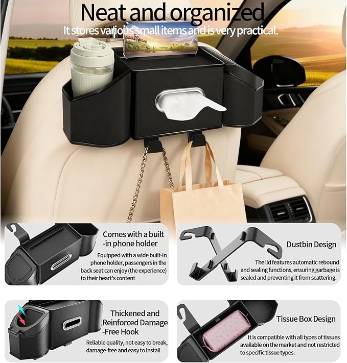 Oivjckx 7-In-1 Multifunctional Car Seat Back Organizer with Cup Holders, Tissue Box, Garbage Can & Hooks, Headrest Storage & Cup Holder for Backseat (Black)