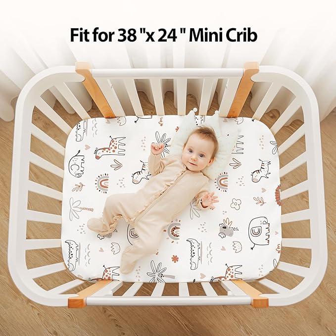 Baby Mini Crib Sheets Boy, Portable 38”x26” Pack and Play Sheets Fitted for Playard and Pack N Play Mattress, 3-Pack Soft Microfiber Orange Animal World