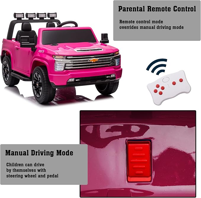 FINITO 24V 2 Seater Ride On Toy Car, Licensed Chevrolet Silverado Ride on Truck, 4WD Kids Electric car, LED Light, Bluetooth Music Player, Gift for Boys and Girls, for 3+ Kids (Pink)