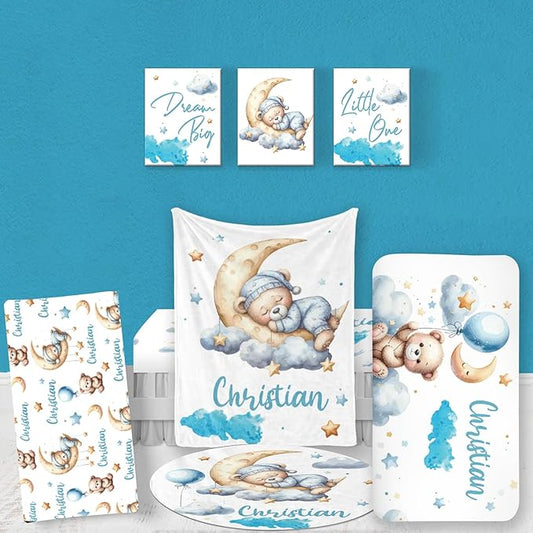 Custom Baby Bedding Set, Personalized Blue Moon Bear Bedding, Baby Blanket Fitted Sheet Changing Cover Nursery Rug Room Decor Gift Idea