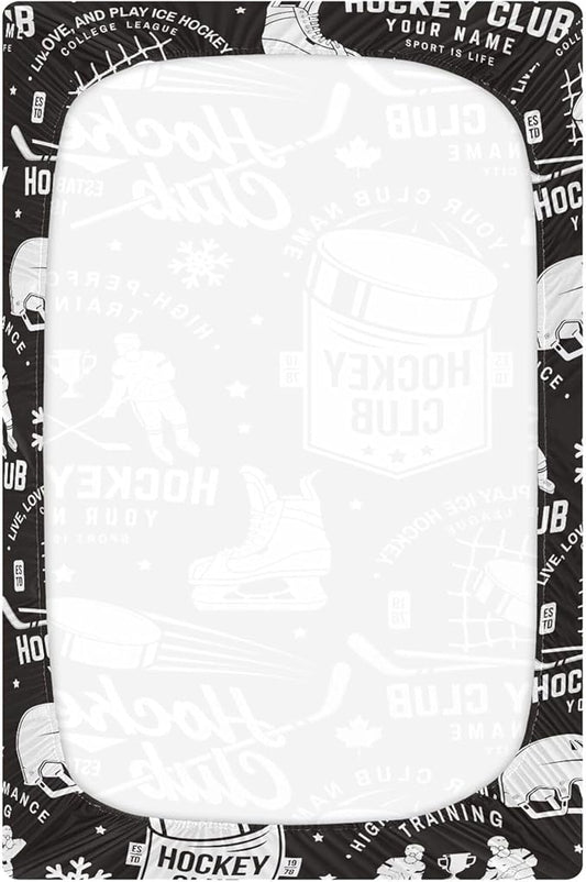 Ice Hockey Retro Black Crib Sheets Soft Breathable Fitted Baby Crib Sheets Mattress Cover for Girls Boy, 52" x 28" x 9"
