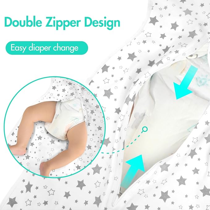 2-Pack Baby Transitional Swaddle Sleep Sack - Arms Up Transitional Swaddles with Removable Cuffs & 2-Way Zipper, Gray Stars Design, Breathable Cotton Sleep Sack (6-9 Month)
