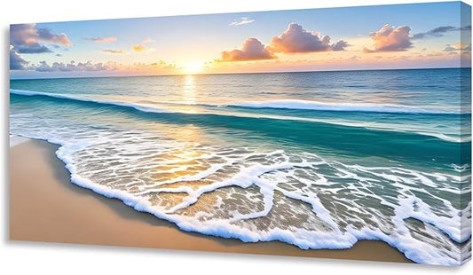 KUNHAAH Wall Art Canvas Painting Sunset Waves on the Beach 1 Piece Colorful Sky and Sparkling Clouds on the Sea Surface Picture Poster Print Framed and Stretched Ready to Hang for Living Room Bedroom