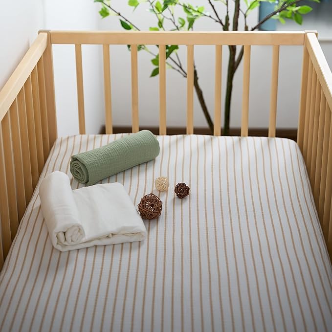 Meracorallo Muslin Fitted Crib Sheet, Soft and Breathable Baby Crib Sheet for Standard Crib and Toddler Mattresses (Neutral Stripe)