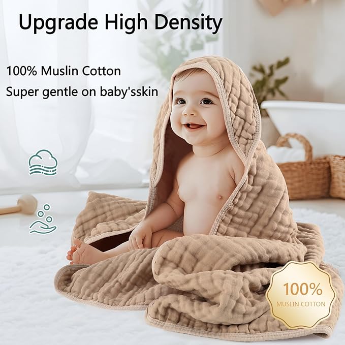 Hooded Baby Bath Towels for Newborn 2 Pack – 6-Layer 100% Muslin Cotton Baby Towels with Hood for Babies, Infants & Toddlers – Large 32x32 Inch Soft Absorbent Unisex Newborn Bath Essentials