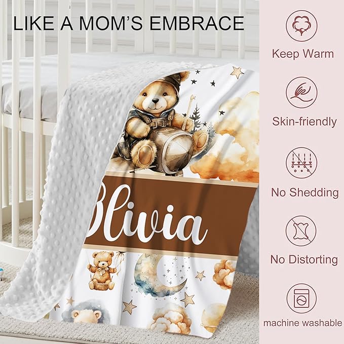 Personalized Baby Crib Bedding Set, Custom Name Balloon Bear Baby Bedding 2-Pcs Set - Soft Double Layer Dotted Blanket and Fitted Sheet, Nursery Bedding for Newborn Boys Girls, Perfect Shower Gift