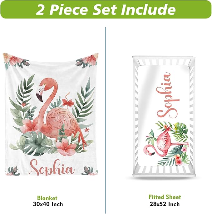 Personalized Baby Crib Bedding Set, Custom Name Flamingo Design Baby Bedding 2-Pcs Set-Soft Double Layer Dotted Blanket and Fitted Sheet, Nursery Bedding for Newborn Boys Girls, Perfect Shower Gift