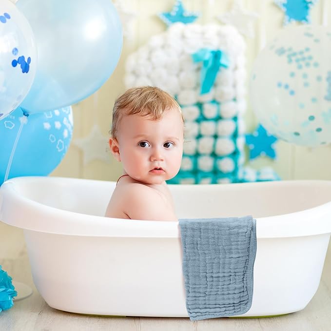 VitalCozy 6 Pcs Baby Muslin Hooded Bath Towels and Washcloths Muslin Cotton Hooded Baby Towels Absorbent Blankets for Gift Newborn Infant Shower (35 x 35 Inch,Mint Blue,Sky Blue)