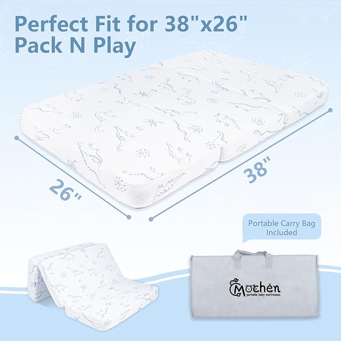 Mochen Trifold Pack and Play Mattress 38x26 Dual-Sided Pack n Play Memory Foam Mattresses Pad with Removable Dinosaurs Cover & Travel Bag, Portable Baby Mattress for Pack N Play