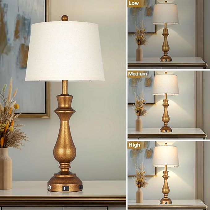 luxeflow Retro Gold Table Lamps Set of 2 for Living Room,30" Tall Bedside Lamp with USB Charging Port,3-Way Dimmable Touch Nightstand Lamp for Bedroom Desk Side Table Office,Copper Gold