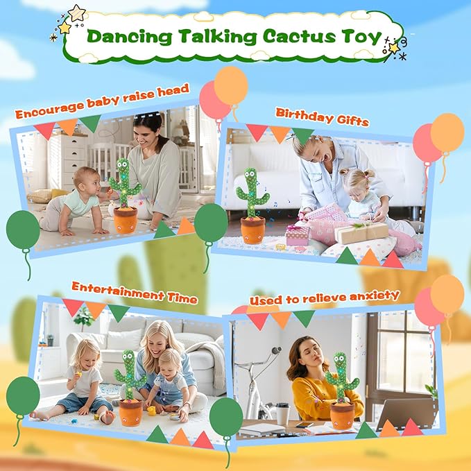 Talking Cactus Toy for Babies 6+ Months & Toddlers - Dancing Singing Repeating Cactus Toy with 120 Songs & Lights, Interactive Plush Gift for Kids Age 1 2 3 4 5 6
