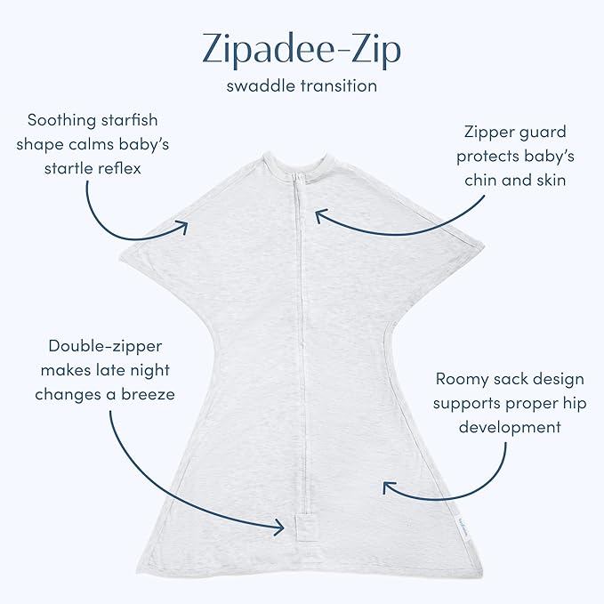 SleepingBaby Zipadee-Zip Transition Swaddle - Cozy Baby Swaddling Blanket with Zipper Convenience - Roomy Wearable Blanket for Easy Diaper Changes - 3-6 Month - Recharge Silver Heather