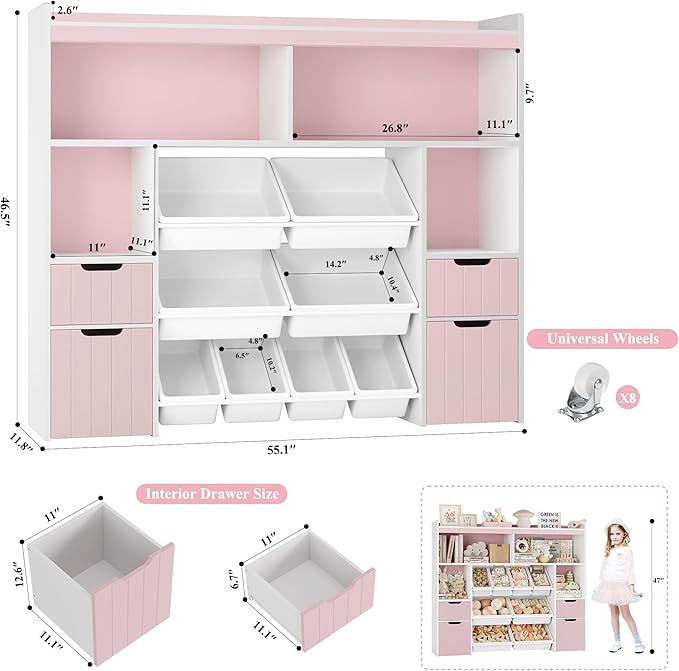 HORSTORS 55" W Toy Storage Organizer with Drawers, Large Kids Toy Storage Box with Removable Bins, Tall Kids Bookshelf and Bookcase for Boys and Girls, Modern Toy Chest for Playroom, Classroom, Pink