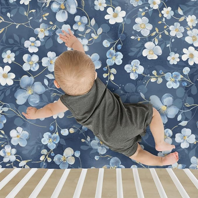 Wonderful Flowers Baby Crib Sheets for Boy Girl 52x28Inch Vintage Blue Floral Soft Stretchy Fitted Crib Mattress Cover Spring Summer Nursery Baby Sheet for Standard Crib and Toddler Bed Mattresses