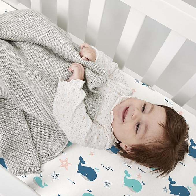 Little Grape Land Crib Sheets Baby Toddler Sheets 4 Pack Fitted for Boys Girls, Standard Size 28x52‘’ Crib Mattress, Super Soft Breathable Washable Microfiber (Whale/Shell Blue/Ocean/Navy)