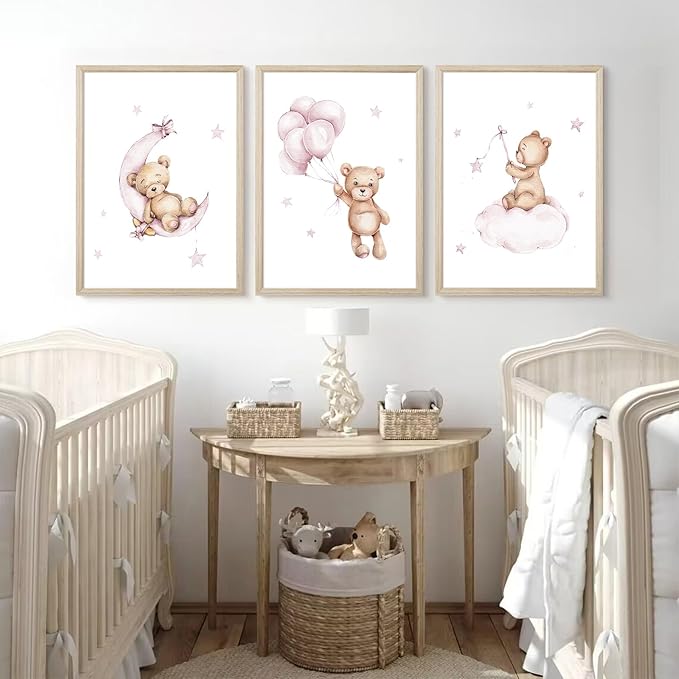 Bear Nursery Wall Art Decor Teddy Bear Wall Art Baby Girl Canvas Wall Decor Pink Pictures Balloon Nursery Children Prints Artwork Moon Star Cloud Art for Boys Room Bedroom 12x16x3 Inch Wood Framed