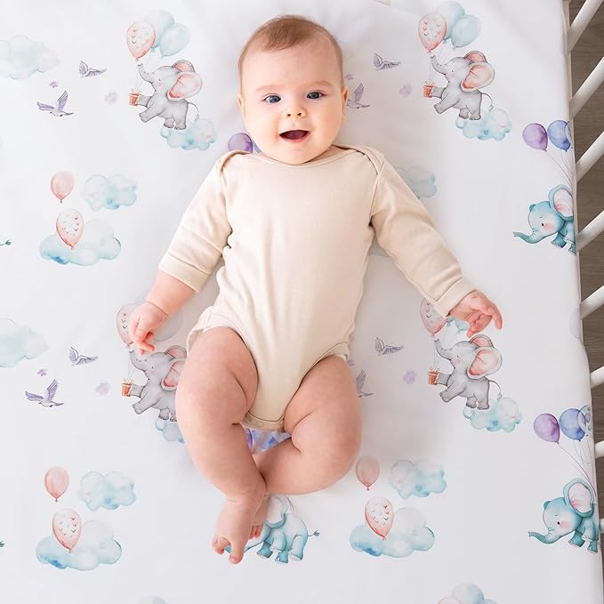 4 Pieces Crib Bedding Set for Baby Boys Girls, Infant Toddler Nursery Baby Bedding Sets Includes Cartoon Quilt, Fitted Crib Sheet, Crib Skirt and Plush Elephant Toy
