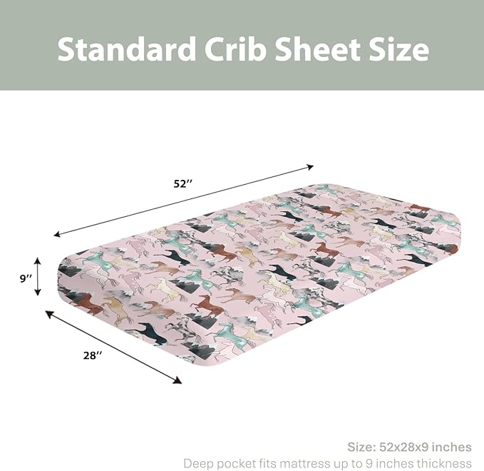 Boho Horses Mountains Baby Crib Sheets for Boy Girl 28"x52" Wild Horses Blossom Soft Snug Fitted Crib Mattress Covers Horse Lovers Nursery Baby Sheet for Standard Crib & Toddler Bed Mattress Pink