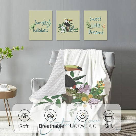 Custom Crib Bedding Set – Personalized Name Tropical Toucan Baby Bedding 5-Piece Set with Soft Blanket, Fitted Sheet, Changing Pad Cover, Rug and Wall Art – Colorful Jungle Nursery Decor