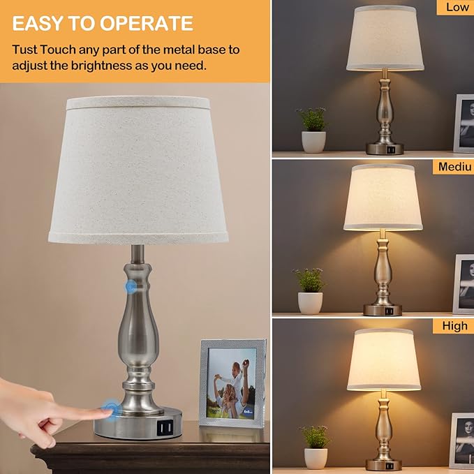 EJIAXIN Lamps for Bedrooms Set of 2, Brushed Nickel Bedside Lamps with USB C+A Ports,Dimmable Nightstand Lamps with Fabric Lampshade, Touch Table Lamp for Living Room Bedroom Office, Bulbs Included