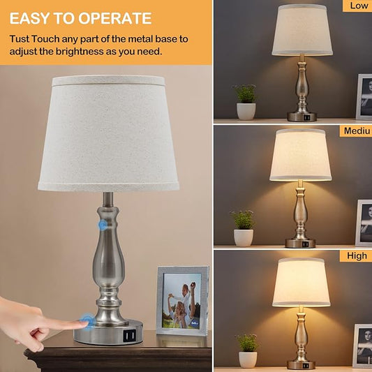 EJIAXIN Lamps for Bedrooms Set of 2, Brushed Nickel Bedside Lamps with USB C+A Ports,Dimmable Nightstand Lamps with Fabric Lampshade, Touch Table Lamp for Living Room Bedroom Office, Bulbs Included