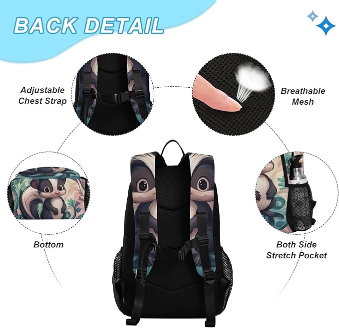 Jucciaco Cute Cartoon Skunk Kids Backpack with Lunch Bag for Boys Girls Travel School Backpack Sets