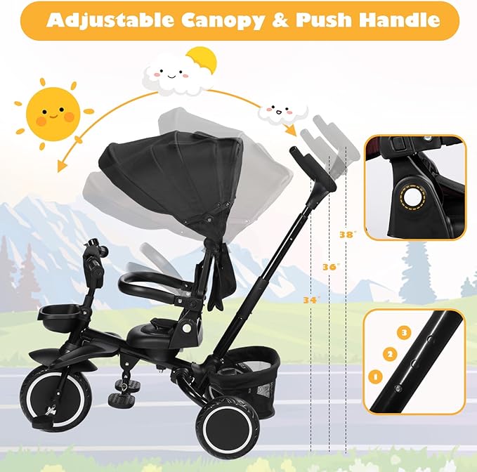 Folding Kids Tricycle, 8 in 1 Baby Trike W/Removable & Adjustable Canopy, Parent Handle, 5-Piont Safety Harness, Toddler Bike Stroller for Kids 1-6 Years, EVA Wheels, Storage Basket, Black