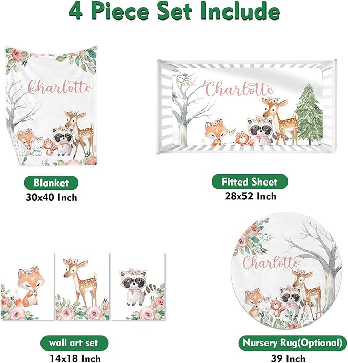 Personalized Baby Crib Bedding Set: 4 Piece Custom Sika Deer & Fox Pattern Crib Bed Set with Name, Nursery Bedding Set for Baby Girls, Newborn Boys Crib Sets, Crib Bedding Custom Gift, Crib Sheet