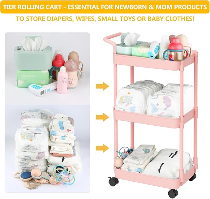 Volnamal Baby Diaper Caddy – Plastic Diaper Organizer for Nursery Essentials, Movable Cart for Changing Table & Crib, Easy to Assemble, Pink
