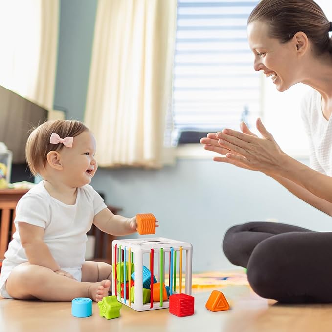 LiKee Shape Sorter Toys for 1+ Years Old, 8pcs Montessori Baby Blocks, Sensory Toddler Learning Toy for Fine Motor Skills, Infant Developmental Toys Gift for Boys Girls Ages 18+ Months