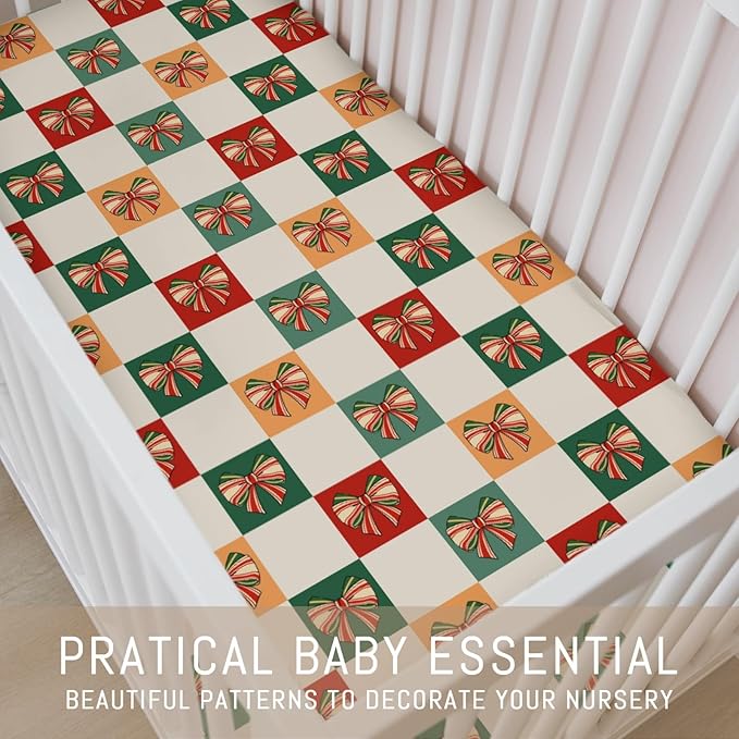 Checkerboard Christmas Bows Red Green Baby Crib Sheets for Boy Girl Vintage Bows Checkered Soft Snug Fitted Crib Mattress Covers for 52''x28'' Standard Crib & Toddler Mattress Ribbon Baby Bed Sheets
