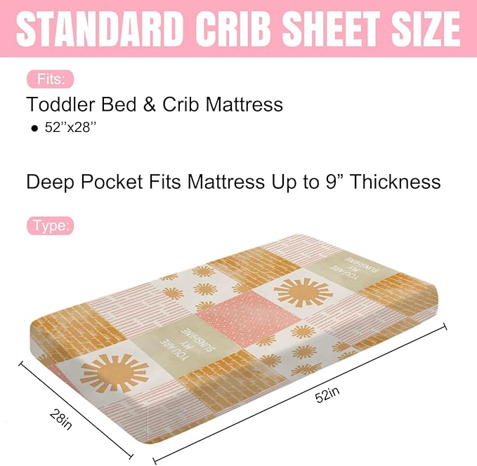 Colorful Boho Sun Baby Crib Sheet 52''x28'' Cute Sunshine Stripes Stretchy Fitted Mattress Sheets for Boy Girl Letters Quote Nursery Toddler Bed Sheets for Standard and Toddler Mattress
