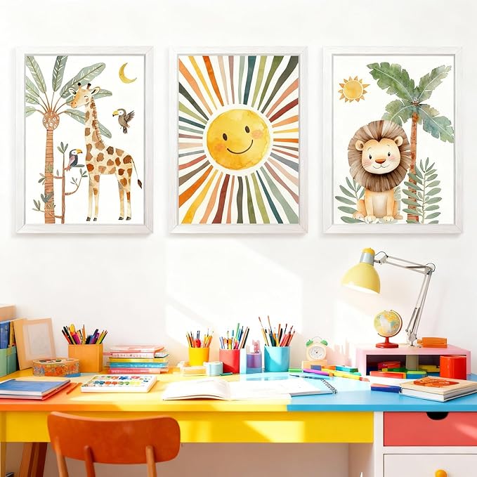 Cute Sun Lion Giraffe Quote Framed Wall Art Set of 4, 11x16 Boho Educational Animal Wall Sign for Baby Girl Kid Boy Toddlers, Wooden Inspirational Nursery Wall Decor Whie
